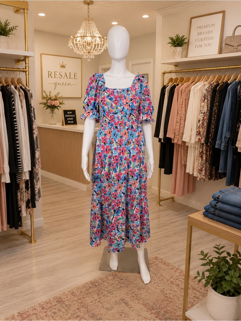 Floral Square-Neck Maxi Dress in Blue and Pink